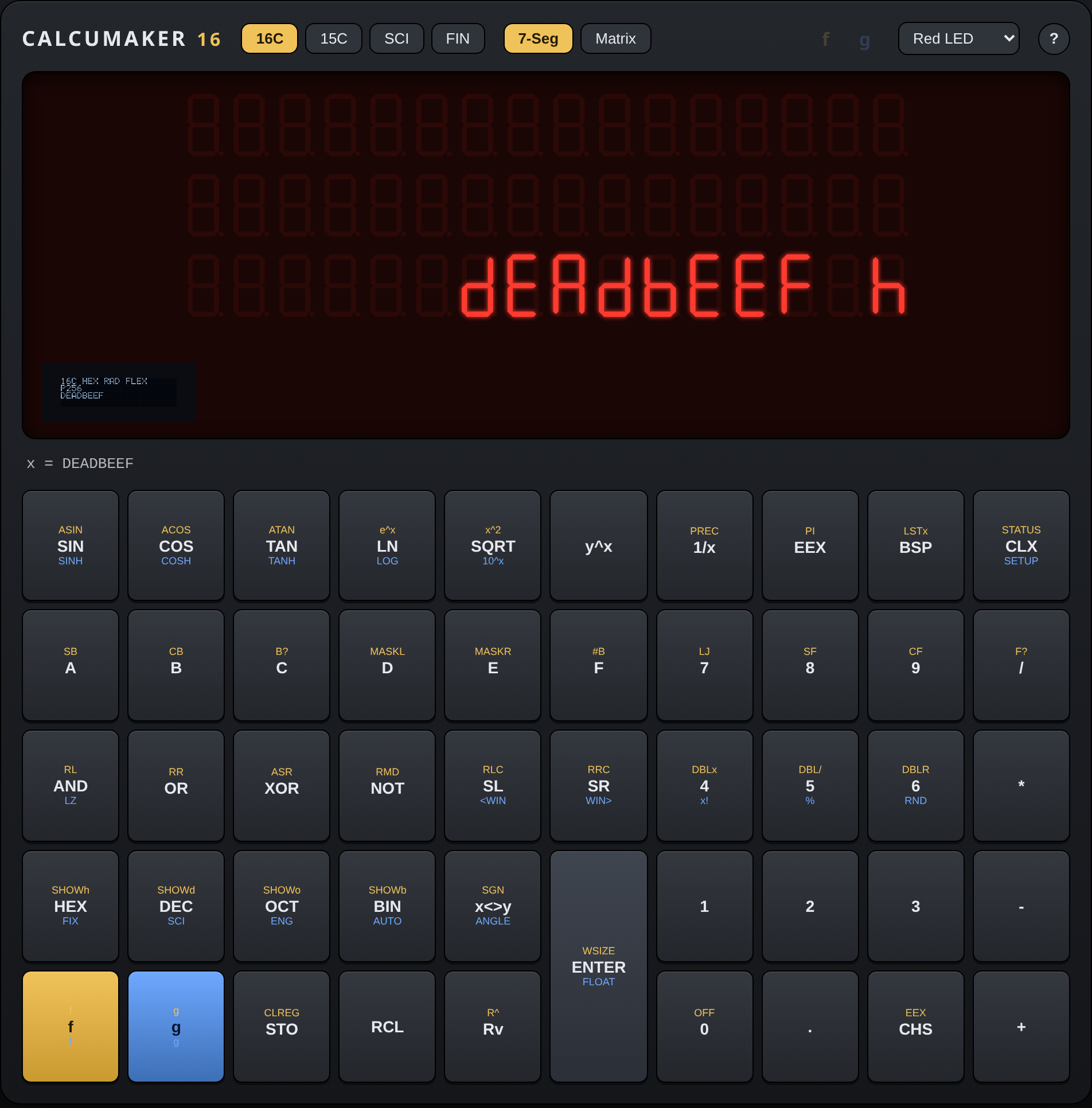 The Calcumaker 16 emulator showing DEADBEEF on a red LED seven-segment display in hex mode, above a full Cherry MX keypad.